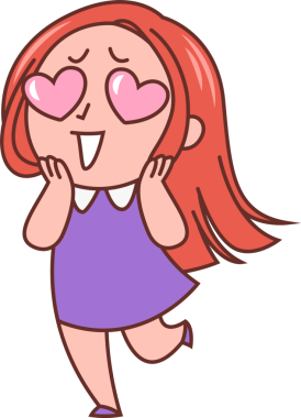 Cartoon girl is hopping in flat design with pink heart-shaped eyes, transparent background. Playful, adorable, whimsical, vibrant, childhood, expression, character