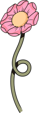 Düz pembe çiçek sarı merkezi ve şeffaf arkaplanda kıvrımlı yeşil sapı gösteriyor. Botanik, çiçek, doğa, illüstrasyon, minimalizm, dekorasyon, tasarım