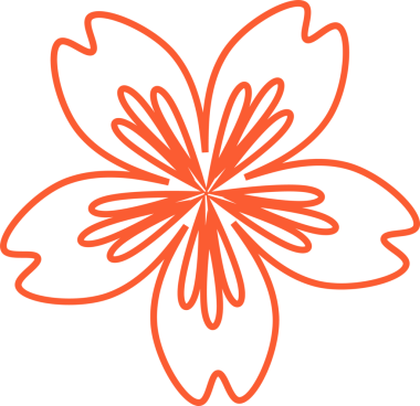 Şeffaf arkaplanda iç halkaları olan beş yapraklı çiçekleri gösteren turuncu çizgiler çiziyor. Minimalist, botanik, dekoratif, vektör, özet, doğa, organik