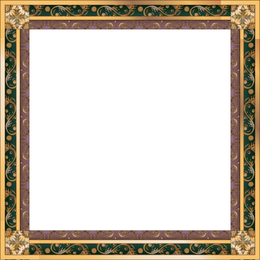 Düz altın kenarlı kenar, şeffaf arkaplanda yeşil asma motifleri ve mor kaydırmalar gösteriyor. Süslü, dekoratif, lüks, klasik, klasik, barok, gösterişli.
