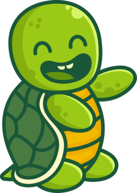 Antropomorfik karikatür kaplumbağa düz tasarım parlak renkler kullanarak şeffaf arkaplanda el sallıyor. Tuhaf, neşeli, enerjik, karakter, maskot, animasyon, renkli