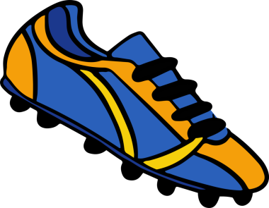 Spor kramponu, mavi turuncu siyah çivili şeffaf arka planda düz tasarım gösteriyor. Atletik, ayakkabı, spor giyim, performans, dinamik, modern, ergonomik