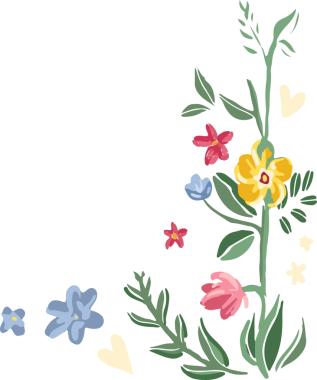 Düz çiçek sapları saydam arkaplanda büyümekte, renkli çiçekleri, kalpleri ve yıldızları göstermektedir. Botanik, çiçek, dekoratif, doğa, çizimli, canlı, minimalist