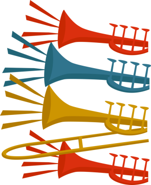 Dört soyut trompet düz dizayn ve şeffaf arkaplan içinde canlı ses dalgaları yayıyor. Müzik, ses, grafik tasarım, dijital sanat, konser, enerji, yaratıcılık