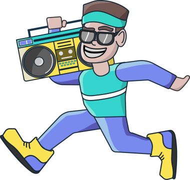 Çizgi filmci, düz vektör tasarımlı, şeffaf arka planda sarı ve deniz mavisi müzik kutusuyla sıçrıyor. Enerji, hareket, şehir, dans, retro, canlı, sokak tarzı