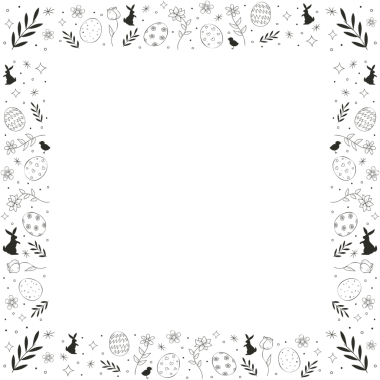 Eskiz tarzı Paskalya sınırında tavşanlar, yumurtalar, şeffaf arkaplanda çiçekler, kopyalama alanı yer alıyor. İllüzyon, tasarım, şenlik, bahar, motif, dekoratif, minimalist