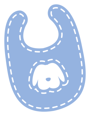 Düz tasarım bebek önlüğü, beyaz köpek suratlı ve şeffaf arkaplan kenarlı. Çocuk kıyafetleri, bebek aksesuarları, çizgi film stili, çocuk odası tasarımı, oyuncu, sevimli, minimalist