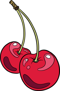 İki kırmızı kirazın şeffaf arkaplanda düğümle bağlandığını gösteren stilize çizimler, parlak bir ışık. Meyve, botanik, minimalist, vektör, aperatif, tazelik, canlı