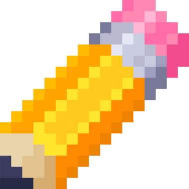 Pixel-art kalem, gümüş ferruat ve pembe silgiyle şeffaf bir zemin üzerinde çapraz olarak yatıyor. Dijital illüstrasyon, sanatsal tasarım, yaratıcı araç, kırtasiye, renkli, minimalist, düz tasarım