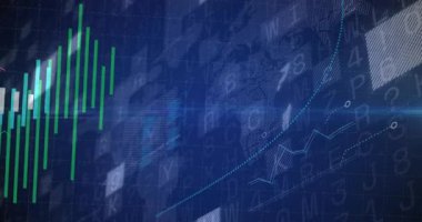 Yumurtlama çubuklarını açan dijital şebeke sağa doğru hareket ediyor, pazar eğilimlerini temsil eden yükselen çizgi. Finans, analitik, veri, teknoloji, görselleştirme, yenilik, istatistik