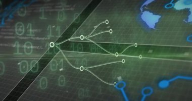 Ağ düğümüne doğru tarama başlatılıyor, darbeleri bölüyor ve veri akışını gösteriyor. Teknoloji, dijital, yenilik, bağlantı, veri, siber alan, fütürist