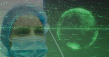 SağIık uzmanı, yapay zeka için dönen dünya hologramını oluşturan akıntılar eşliğinde ayakta duruyor. Tıbbi, teknoloji, yenilik, fütürizm, veri, sağlık, klinik