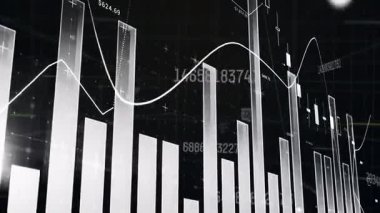 3 boyutlu ızgara sahnesini gösteren kamera, dalgalanan çubuklar ve piyasa değişimlerini gösteren çizgi grafiği. Veri görselleştirme, analitik, istatistik, dijital, fütüristik, gösterge paneli, iş zekası