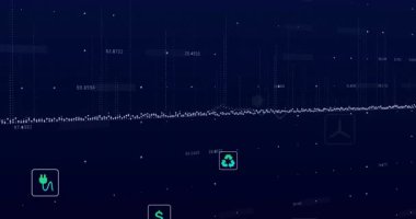 Noktalı dalga şeklindeki ikonların yüzen ve eko verileri görselleştiren ikonları gösteren tuval açılıyor. Teknoloji, sürdürülebilirlik, veri görselleştirme, dijital arayüz, yenilenebilir enerji, çevre bilinci, bilgi grafikleri