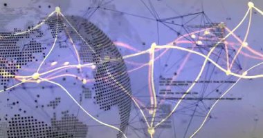 Döndürme işleminde noktalı küre küresel veri akışını görselleştiren düğümleri birleştiren parlayan izleri görüntülemeye başlar. Gelecek, teknoloji, bağlantı, siber alan, dijital, soyut, yenilik