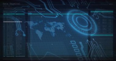 Devre çizgileri içe doğru hareket ettirildiğinde, konsol titreşimli halka kayıtları yüklüyor ve grafik veri erişimini gösteriyor. Teknoloji, fütüristik, arayüz, siber güvenlik, veri görselleştirme, dijital, yenilik