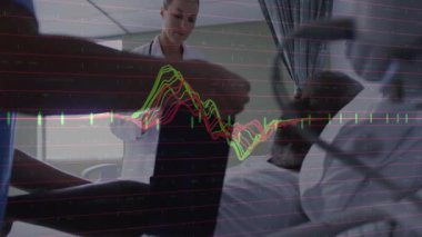 Doktor tableti kontrol ederken hemşire kelepçeleri şişirip dalga formu görüntülerini gösteriyor. Tıbbi, sağlık, izleme, teknoloji, profesyonellik, teşhis, hastane