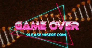 Arcade 'nin önde gelen eflatun yazı sürgüsü ve cyan neon çerçeve çizimleri bozuk para eklemek için yanıp sönüyor. Neon, arcade, retro, digital, enerjik, fütürist, sürükleyici