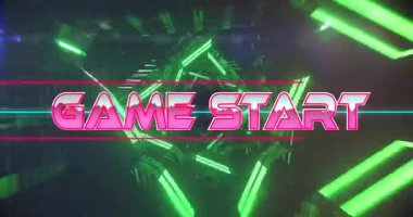 Pembe Oyun Başlat harfleri neon çokgeni geri çekerek oynamaya başlarken kayboluyor. Fütürist, siber punk, neon, geometrik, daldırıcı, bilim kurgu, dijital