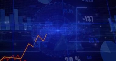 Renkli çizgiler çizen ve eğilimleri gösteren etiketleri güncelleyen grafikleri gösteren ışıltılı görselleştirmede. Teknoloji, analitik, gösterge paneli, veri, içgörü, yenilik, dijital