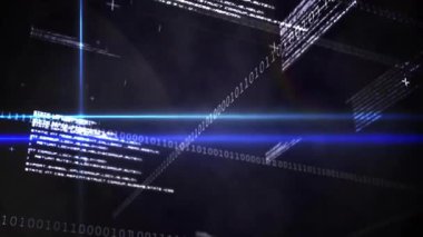 Mavi parlayan kıvılcımlar süzülen akıntılar yüzen kod işaretleri parlayarak ortaya çıkan katmanlar. Teknoloji, veri, dijital, siber, yenilik, fütürizm, soyut