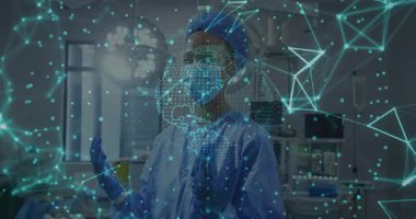 Gövdede beliren parçacık noktaları dünya ve ağ çizgileriyle etkileşen cerrahi hemşireyi etkinleştiriyor. Fütürist, dijital, sağlık hizmeti, hologram, teknoloji, görselleştirme, medikal teknoloji