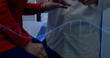 Erkek doktor, alet ve DNA sarmalı kullanarak tıbbi parmak dikme testi yapıyor. Sağlık, tanı, tıbbi, klinik, teknoloji, son sınıf, danışma