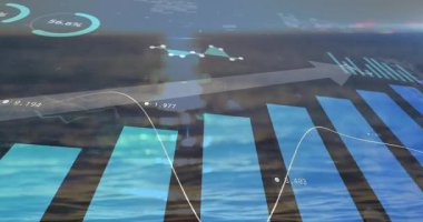 Başlangıçta şeffaf deniz mavisi çubukları yükseliyor, halkalar güncelleniyor, çizgi kayıyor, ok görsel verileri hareket ettiriyor. Fütürist, soyut, teknoloji, gösterge paneli, deniz, dinamik, bilgi