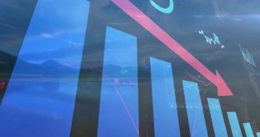 Dijital bar çizelgesi dağ gölü üzerinde canlandırılıyor, başlangıç çerçevesi ile tetiklenerek düşüşe vurgu yapılıyor. Analiz, veri, teknoloji, bilgi, görselleştirme, manzara, ilerleme