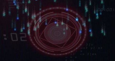 Kırmızı dairesel parçacık, veri akışını gösteren ikili haneli rakamlar hızla düşerken ve dönerken kayboluyor. Fütürist, dijital, teknoloji, arayüz, siber, hud, veri