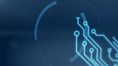 Merkezden çıkan devre çizgileri, dönen halkalar, etrafını saran asma kilit, titreşen noktalar, veri topluyor. Teknoloji, siber güvenlik, şifreleme, dijital güvenlik, veri koruması, fütüristik, yenilik