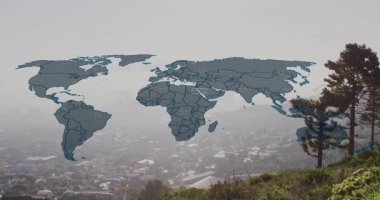 Başlangıçta dünya haritası sınırları örtüyor, işaretler açılıyor, çizgiler bağlanıyor, verileri görselleştiriyor. Jeopolitik, veri görselleştirme, teknoloji, bağlantı, ağ, dijital haritalama, analitik