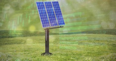 Altın sisli çayırlarda kaideyi takip eden mavi fotovoltaik panel üzerinde grafikler var. Yenilenebilir, sürdürülebilirlik, enerji, teknoloji, yenilik, çevre, çevre dostu