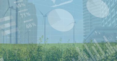 Üç beyaz rüzgar türbini görünüyor. Çimenli alanın üzerinden yükseliyor. Ufuk çizgisi ve veri örtüleri var. Yenilenebilir, sürdürülebilirlik, teknoloji, çevre, analiz, kentsel, çevre dostu