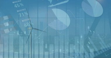 İki rüzgar türbini silueti, çubuk, çizgi ve turta grafikleriyle şehir silindir gösteriliyor. Yenilenebilir, sürdürülebilirlik, veri, dijital, teknoloji, sanayi, ekolojik