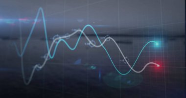 Beyaz sinüs dalgası grafikleri, durgun suyun üzerinde işaretleyiciler ve neon ışıklarıyla gösteriliyor. Soyut, fütüristik, dijital, teknoloji, veri, görselleştirme, minimalist