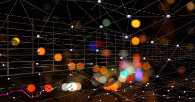 Koyu arkaplan üzerinde beyaz düğümlerden ve ince çizgilerden oluşan üç boyutlu şebekeler sergileniyor. Dijital, teknoloji, yenilik, modern, ağ, bağlantı, soyut