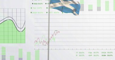 Ekranda finansal tablolar, gümüş bayrak direğinde Arjantin bayrağı ve yeşil ve kırmızı trendler gösteriliyor. Veri görselleştirme, finans, analitik, dijital arayüz, yatırım, pazar eğilimleri, mali konsol
