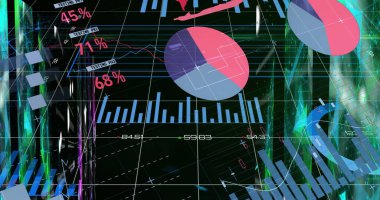 Pasta grafiği, neon sütunları ve yüzde etiketleriyle koyu renk ızgarada kırışan morumsu kısımları gösteriyor. Gelecek, veri, görselleştirme, holografik, analitik, teknoloji, arayüz