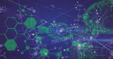 Yeşil altıgenler ve dairesel düğümlerle koyu mavi alanda dijital ağ arayüzü gösteriliyor. Teknoloji, siber güvenlik, veri, yenilik, fütürizm, arayüz, bağlantı