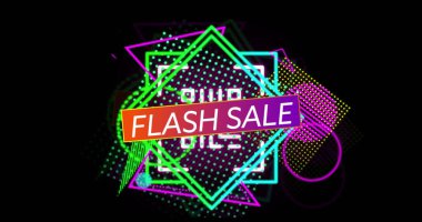 Siyah arkaplanda neon şekiller ve yarım tonlu noktalar arasında FLASH satışı metni gösteren pankart. Geometrik, dijital, canlı, modern, reklamcılık, fütürist, minimalist
