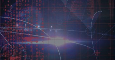 Parlayan merkezi ışık patlaması, kırmızı kod çizgileri ve dairesel ara yüz düğümleriyle ağ yayıyor. Fütürist, dijital, teknoloji, yenilik, siber alan, bağlantı, soyut