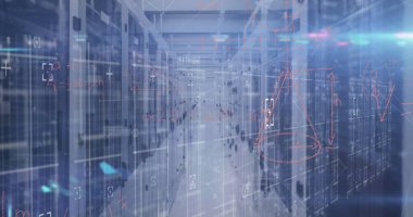 Sunucu odasının sunucu rafları arasında mavi LED 'ler ve yüzen grafiklerle çalışan koridoru. Gelecek, teknoloji, dijital, yenilik, endüstriyel, yüksek teknoloji, bağlantı