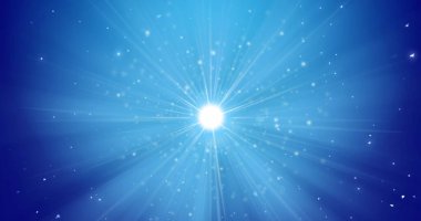 Işıldayan ışınlar, parlak beyaz ışık soyut sahnede parlıyor, mavi eğimli arkaplan. Kozmik, fütüristik, parlak, enerjik, dijital, soyut