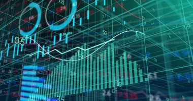 Gösterge panelinde deniz mavisi çizelgesi gösteriliyor. Sayısal ızgara örtülerini, dalgalanan çizgi grafiğini, halkaları gösteriyor. Dijital, geleceksel, veri, analiz, görselleştirme, teknoloji, finans