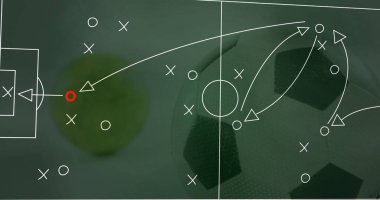 X ve O işaretleyicileri, oklar, kırmızı daire, bulanık top ile karatahta tarzı futbol taktikleri gösteriliyor. Taktikler, strateji, diyagram, görselleştirme, spor, koçluk, planlama