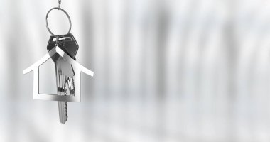 Ev şeklinde anahtarlığı olan gümüş bir anahtarlık ve yumuşak odaklı gri arka planda anahtarlık asmak, kopyalama alanı. Metalik, minimalizm, güvenlik, organizasyon, donanım, erişim, profesyonel