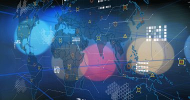 Renkli çemberleri, ızgara bloklarını, işaretleyicileri birbirine bağlayan ağ çizgileri ile veri merkezinde küresel harita gösteriliyor. Coğrafya, yenilik, teknoloji, soyutlama, bağlantı, fütüristik, bilgi