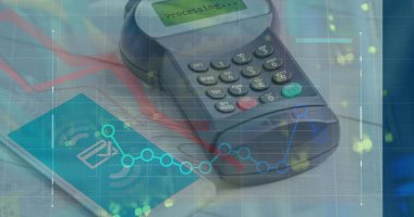 Akıllı telefon ve üst kaplama grafikleri ile kart ödeme terminali işlem satışı gösteriliyor. Finans, teknoloji, analitik, ticaret, dijital, veri görselleştirme, modern