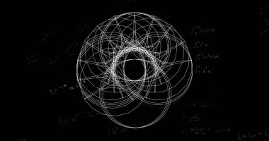 Tebeşir benzeri matematik notlarını çevreleyen beyaz kablo geometrik yapısını karatahtanın üzerinde gösteriyor. Bilim, matematik, geometri, eğitim, öğrenme, soyut, teknik